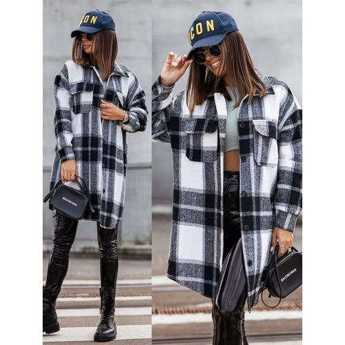 Damen Karierter Overshirt-Jacke mit lässigem Schnitt und Taschen Drune