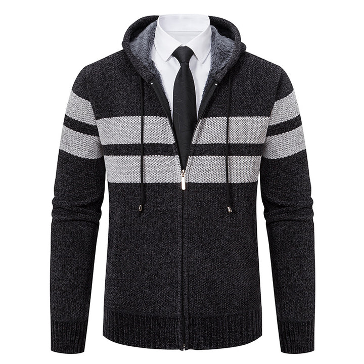 Herren nan gestrickte Kapuzenjacke mit Teddyfutter, verdecktem Reißverschluss und kontrastreifen Drune