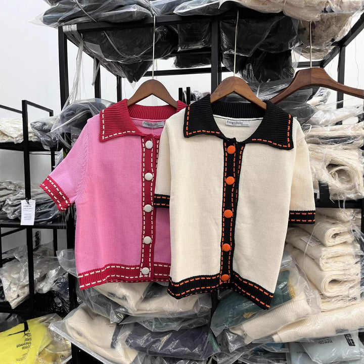 Damen Kurzarmpullover mit kontrastierenden Details Drune