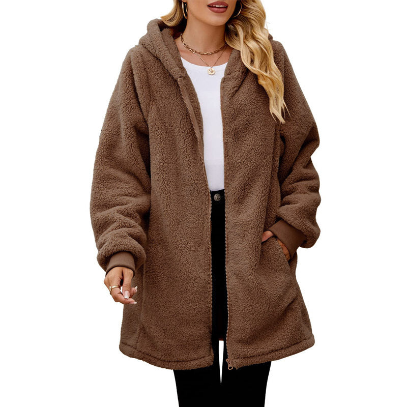 Damen kuschelige Fleecejacke mit Kapuze und seitlichen Eingrifftaschen Drune