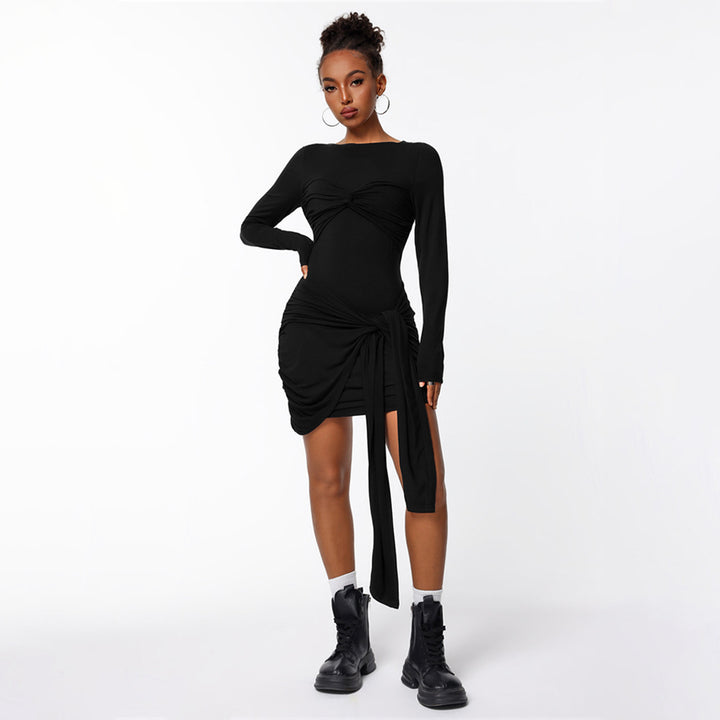 Damen figurbetontes Wickelkleid mit langen Ärmeln und seitlichem Raffungseffekt Drune