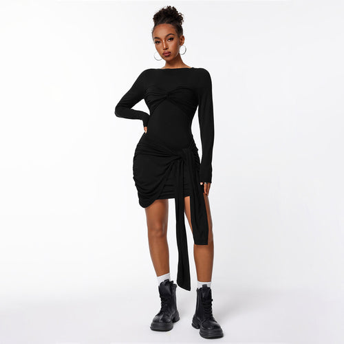 Damen figurbetontes Wickelkleid mit langen Ärmeln und seitlichem Raffungseffekt Drune