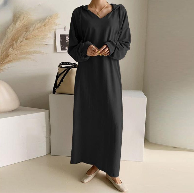 Damen nan lässiges Kapuzen-Maxikleid mit V-Ausschnitt, langen Ärmeln, lockerem geradem Schnitt und elastischen Bündchen Drune