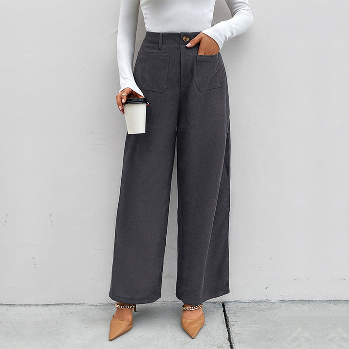 Damen Weite Hochtaillierte Hose mit praktischen Taschen und klassischen Knopfdetails Drune