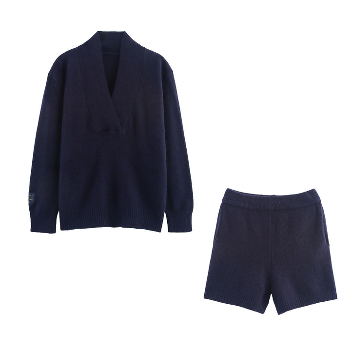 Damen Strickset mit V-Ausschnitt und elastischem Bund Drune