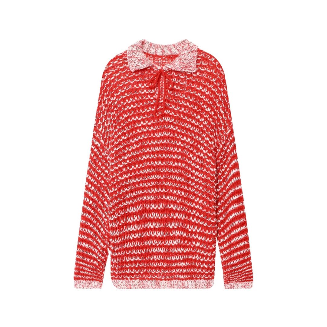 Damen lässiger Strickpullover mit modischem Kragen und Bindebändern Drune