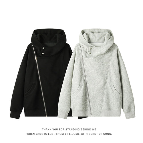Damen nan asymmetrischer Kapuzenpullover mit hohem Kragen, diagonalem Reißverschluss und Kängurutaschen Drune