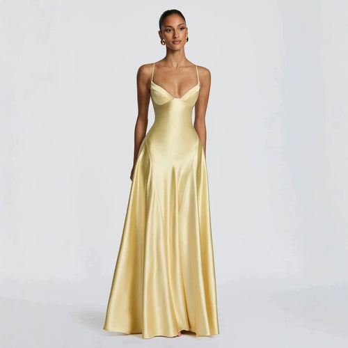 Damen elegantes Satin-Maxikleid mit raffinierten Spaghettiträgern Drune