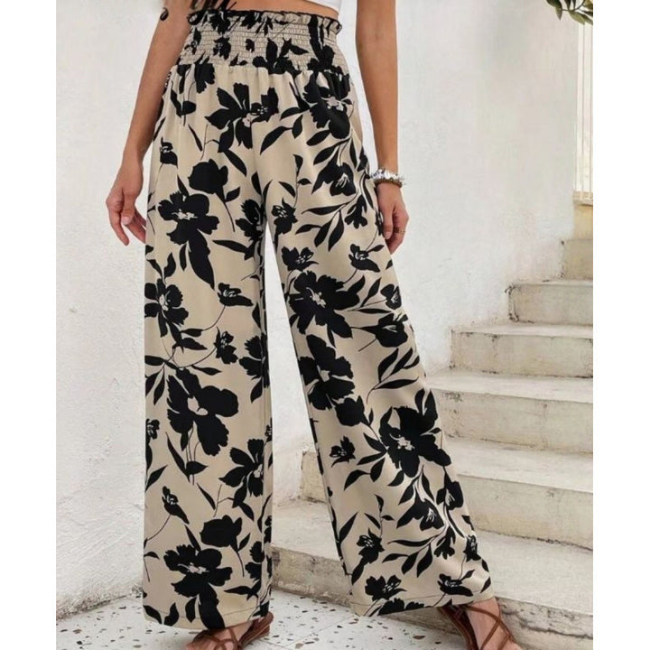 Damen Weite Blumenmuster-Hose mit elastischem Bund und hohem Taillenschnitt Drune