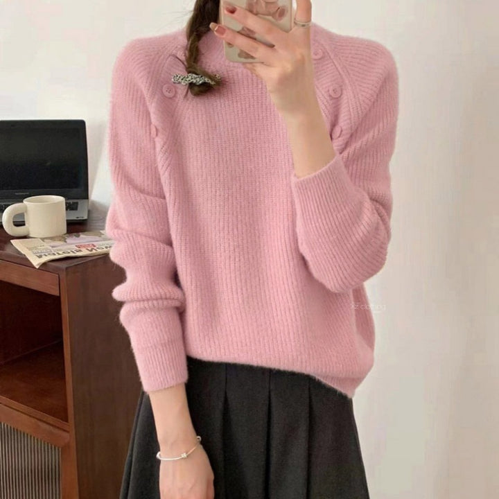 Damen Grobstrickpullover mit modernem Stehkragen und Knopfdetails Drune