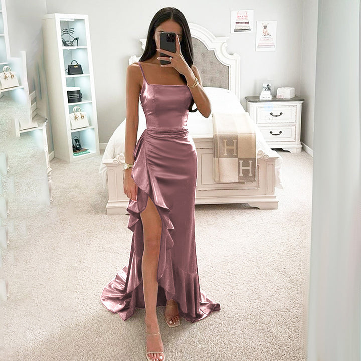 Damen elegantes Maxikleid mit seitlichem Schlitz und fließendem Rüschensaum Drune