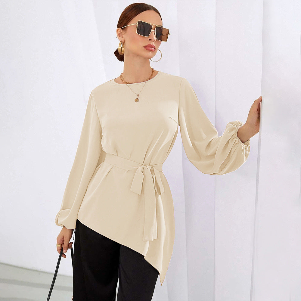 Damen asymmetrisches Blusenoberteil mit eleganten Rüschen und modischem Taillengürtel Drune