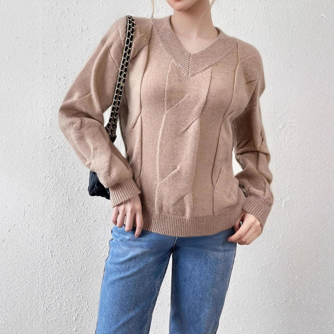 Damen Strickpullover mit modernem Zopfmuster und V-Ausschnitt Drune