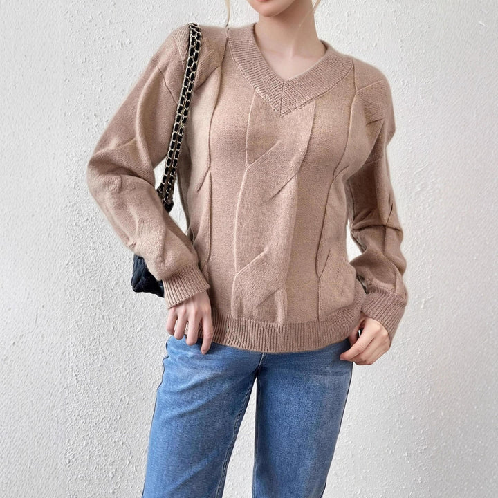 Damen Strickpullover mit modernem Zopfmuster und V-Ausschnitt Drune