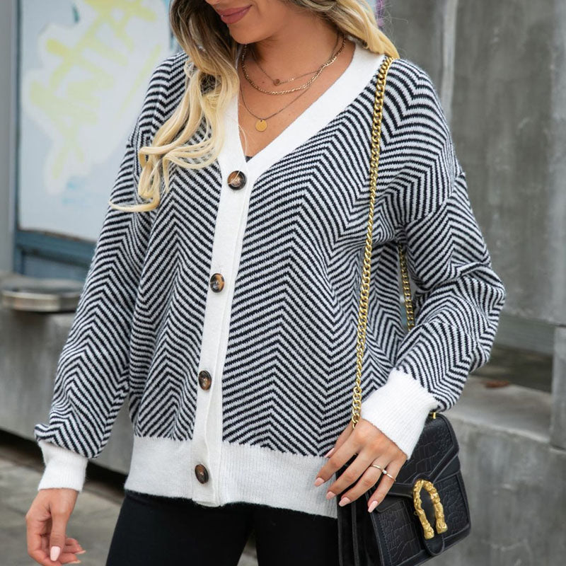 Drune | Gestreifte Klassische Strickjacke Für Damen