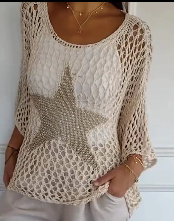 Damen nan oversized gehäkelter Pullover mit Sternapplikation und 3/4-Ärmeln Drune