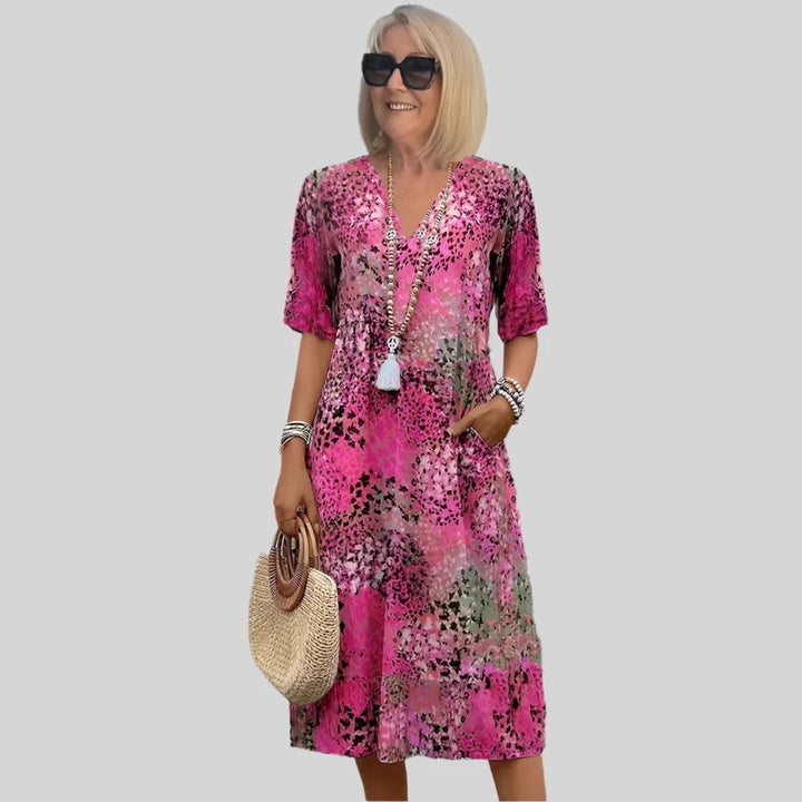 Damen Blumenmuster Midi Kleid mit Taschen Drune