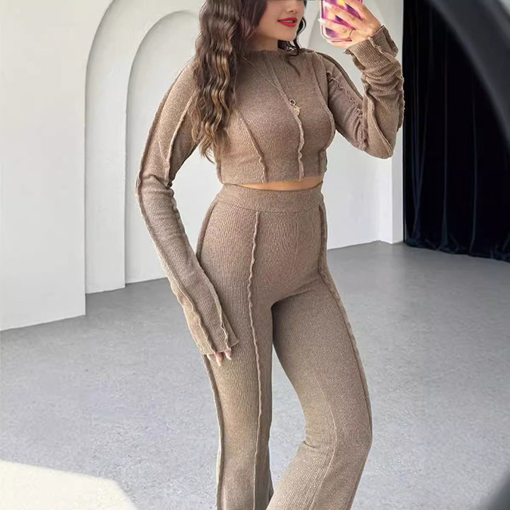 Drune | Satz Gerippter Strick Loungewear Slim Fit Gekürzter Pullover und Hochtaillierte Hose