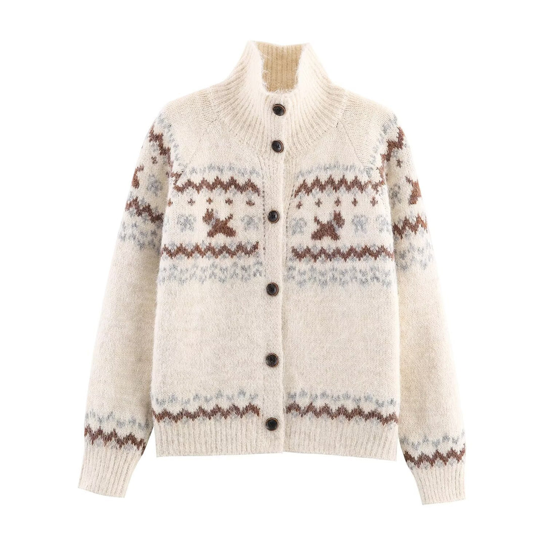 Damen Strickjacke mit Norwegermuster und hohem Kragen Drune