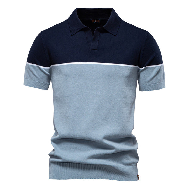 Herren nan modernes Kurzarm-Poloshirt aus Feinstrick mit offenem Reverskragen und horizontaler Kontrastpasse Drune