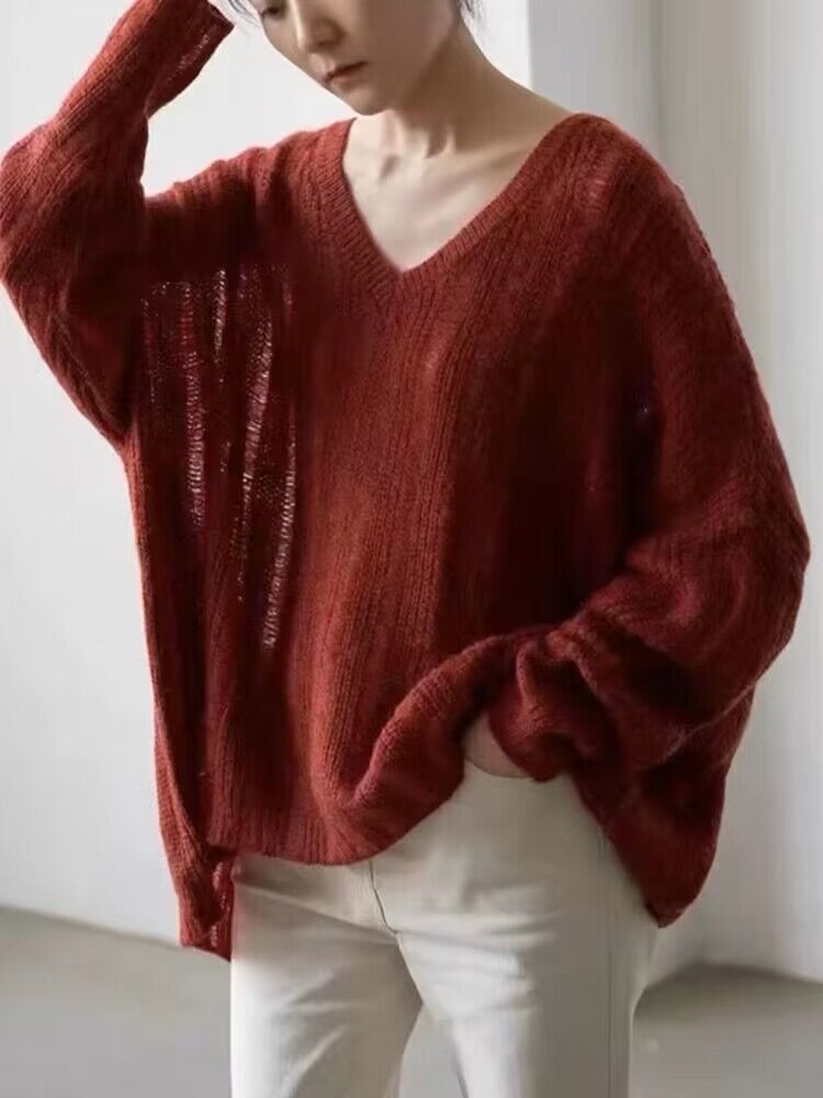 Damen Grobstrickpullover mit tiefem V-Ausschnitt und lässigem Schnitt Drune