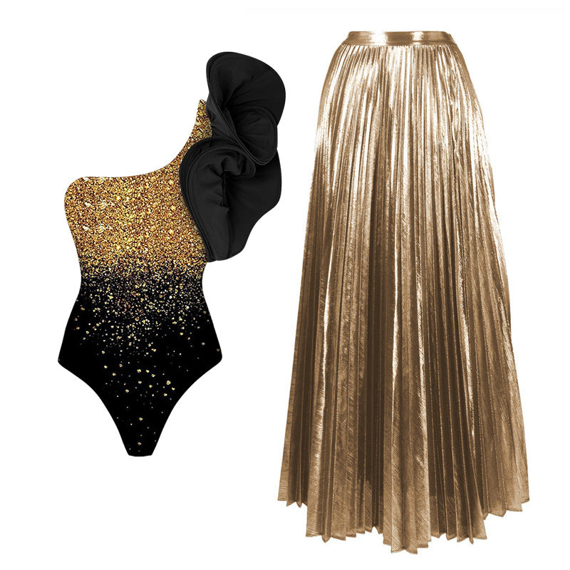 Damen Elegantes Glitzerndes Badeanzug- und Rock-Set Drune
