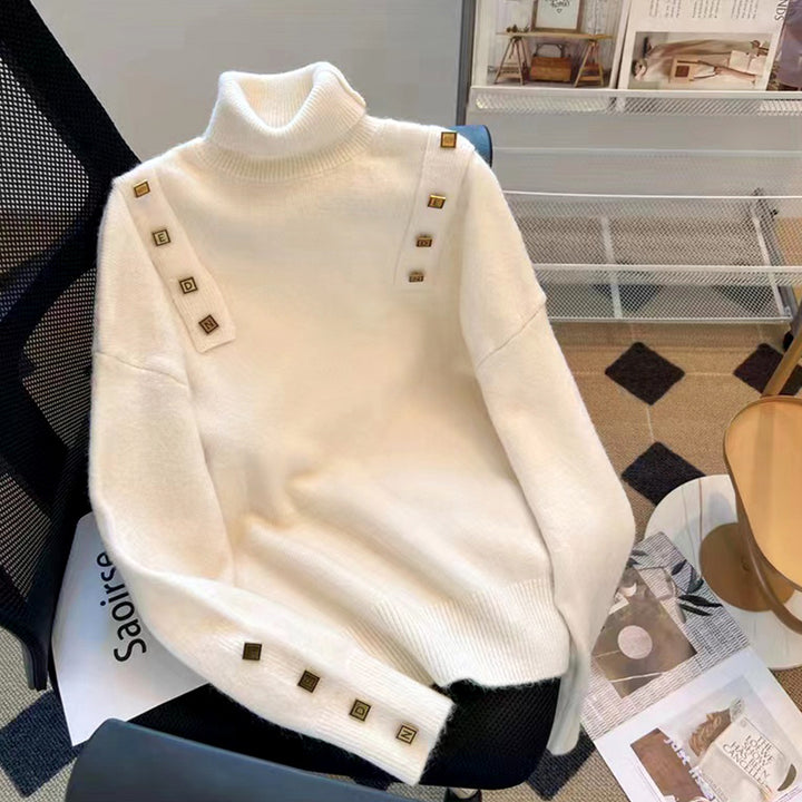 Damen Rollkragenpullover mit dekorativen Knopfdetails Drune