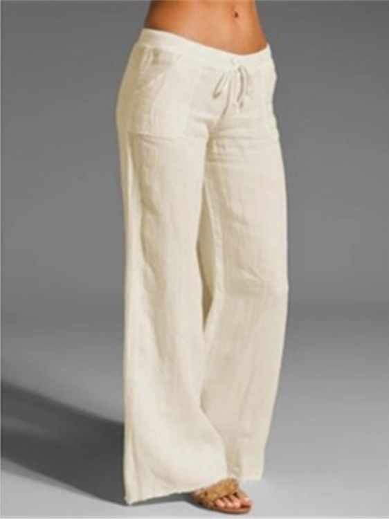 Damen weite Leinenhose mit hochgezogenem Bund und seitlichen Taschen Drune