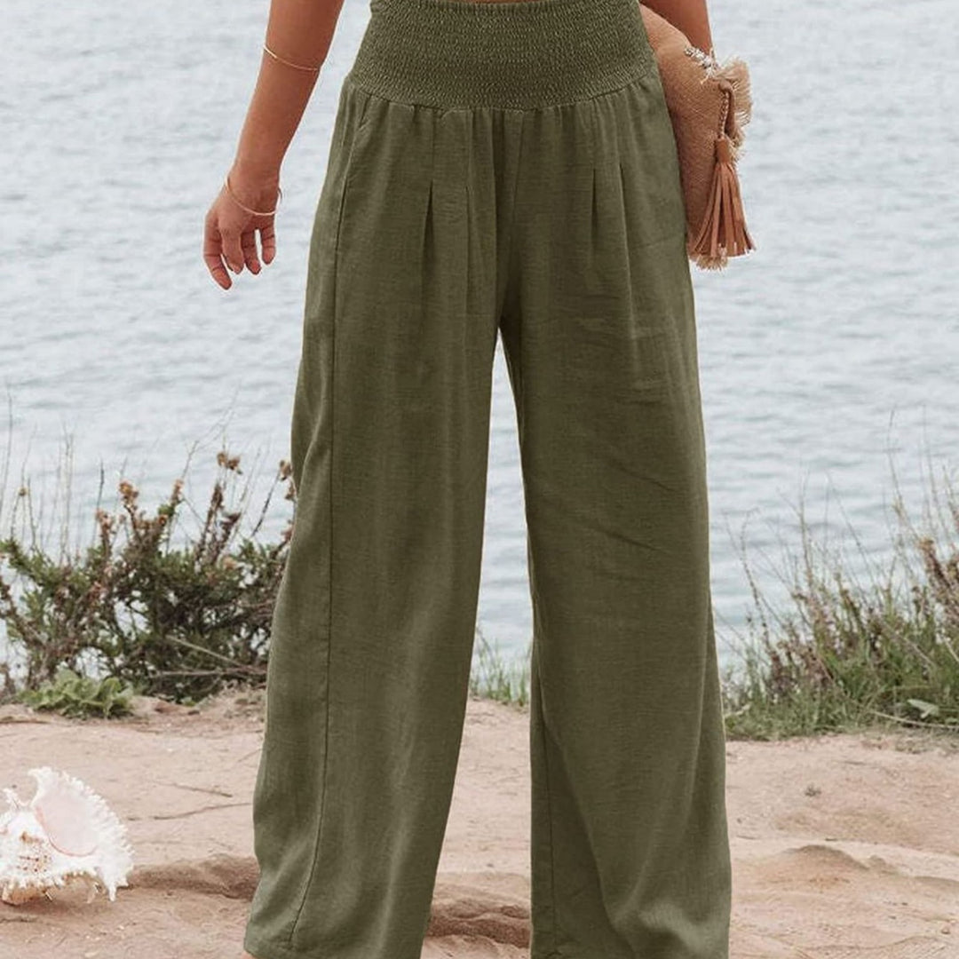 Damen Weite Leinenhose mit elastischem Bund und Falten Drune