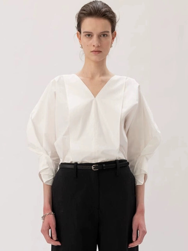Damen modische Bluse mit voluminösen Ärmeln und v-förmigem Ausschnitt Drune