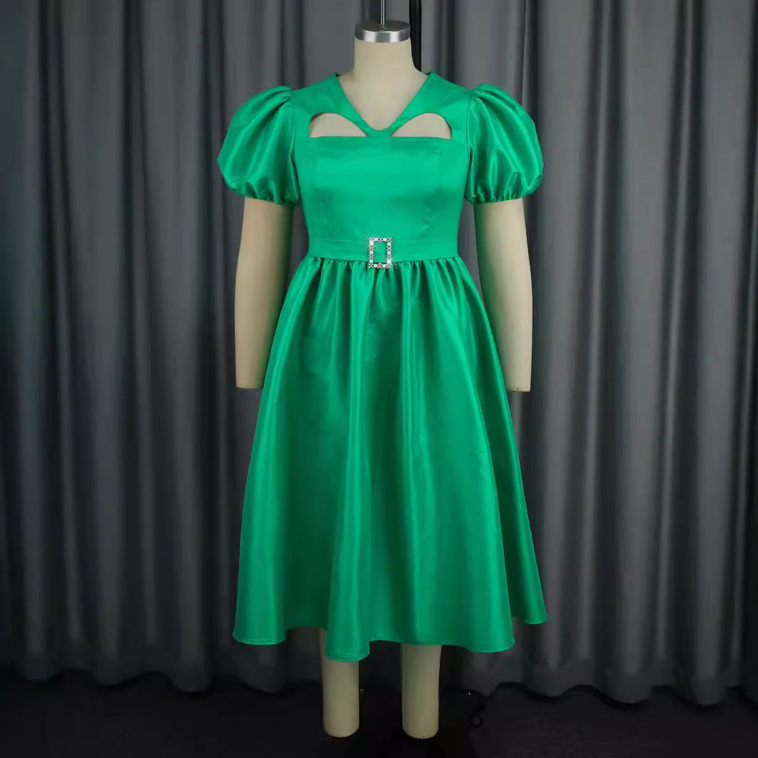 Damen Elegantes Midikleid mit Puffärmeln und diamantbesetztem Gürtel Drune