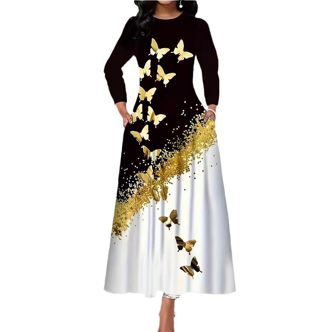 Damen Maxikleid mit elegantem Schmetterlingsmuster und funkelndem Goldakzent Drune