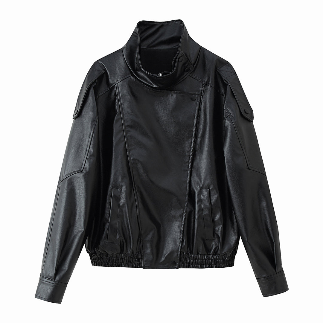 Damen Kunstlederjacke mit modischem Stehkragen und praktischen Taschen Drune