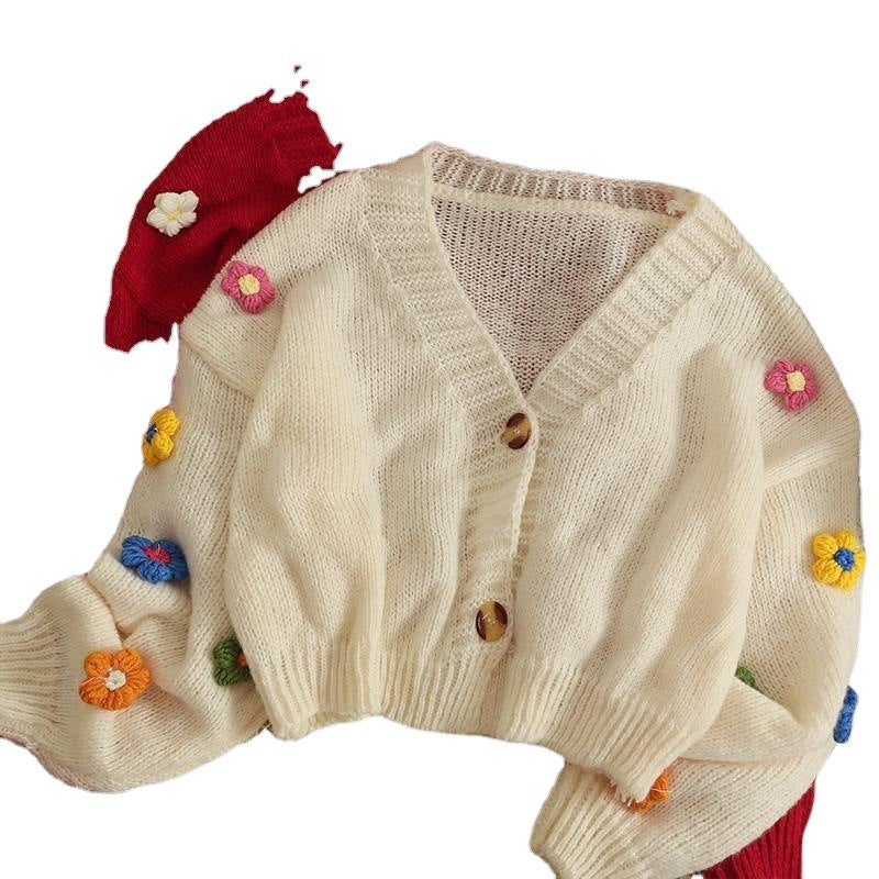 Damen kuschelige Strickjacke mit verspielten Blumenapplikationen Drune
