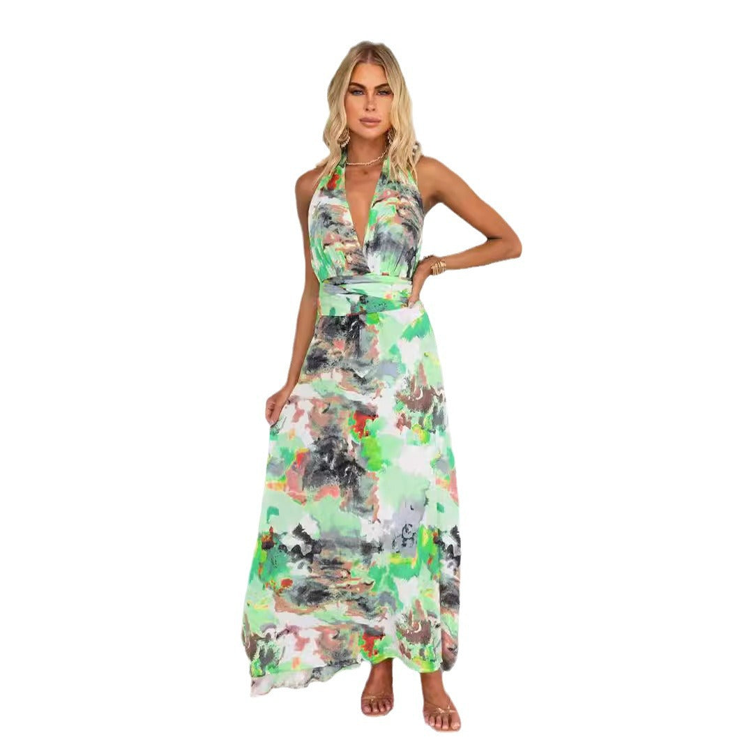 Damen Maxikleid mit tiefem V-Ausschnitt und elegantem Bindegürtel Drune
