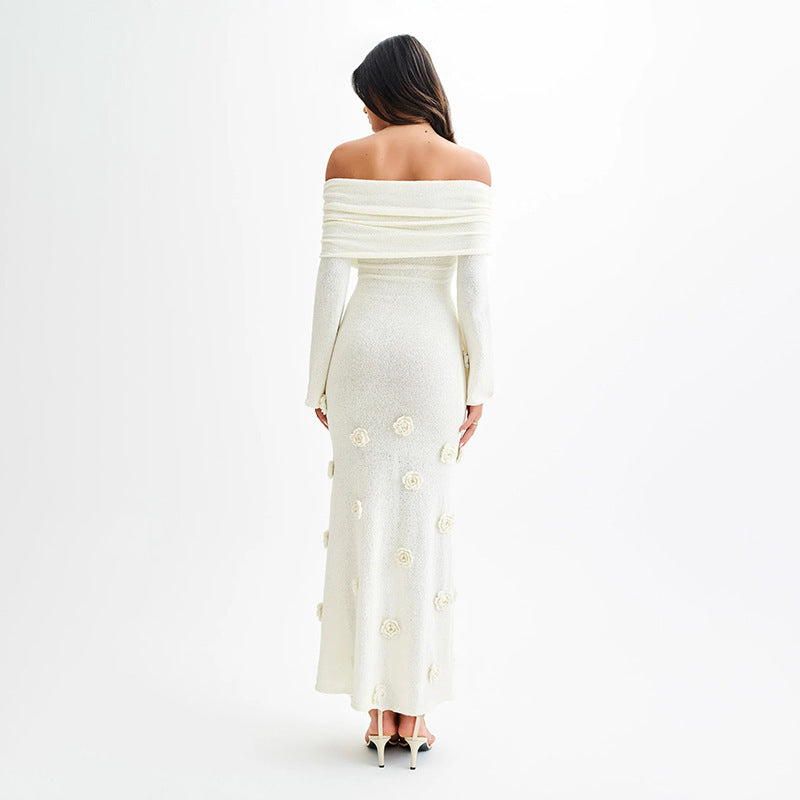 Damen Elegantes Abendkleid mit Schulterfreiem Design und Blumenapplikationen Drune