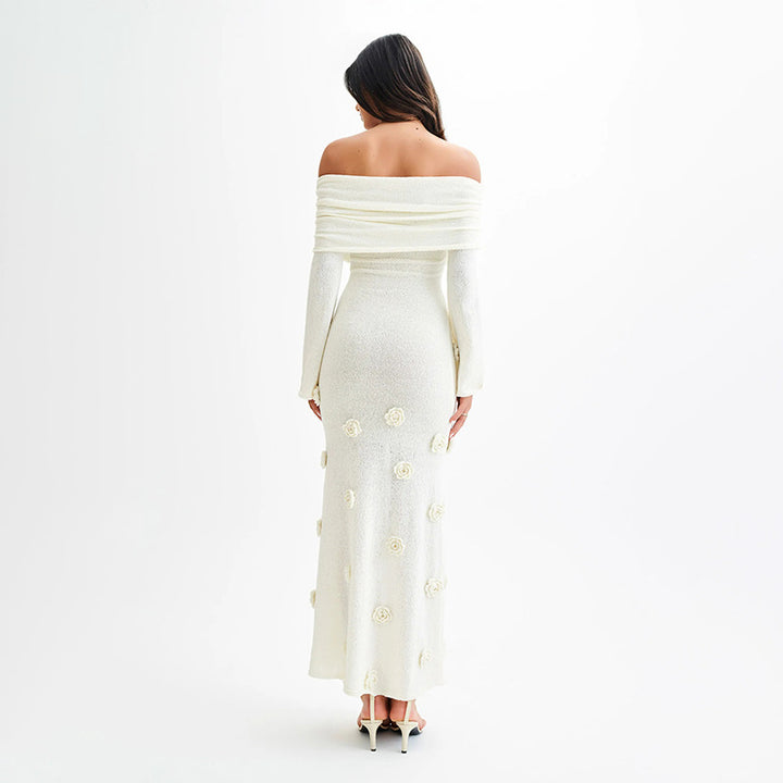 Damen Elegantes Abendkleid mit Schulterfreiem Design und Blumenapplikationen Drune