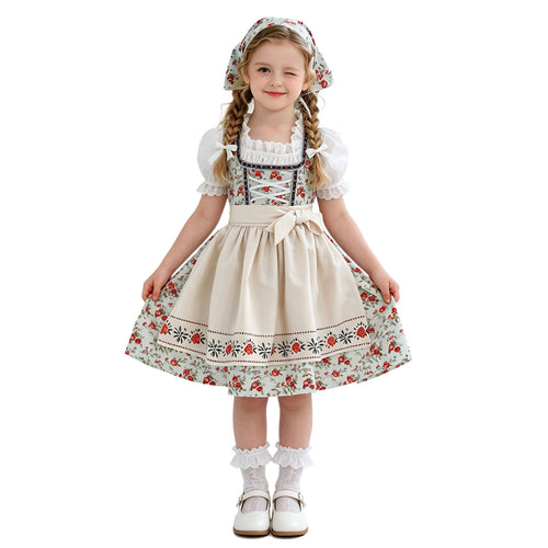 Damen nan Kinderdirndl Trachtenkleid mit Spitzenbluse Schürze und Kopftuch Drune