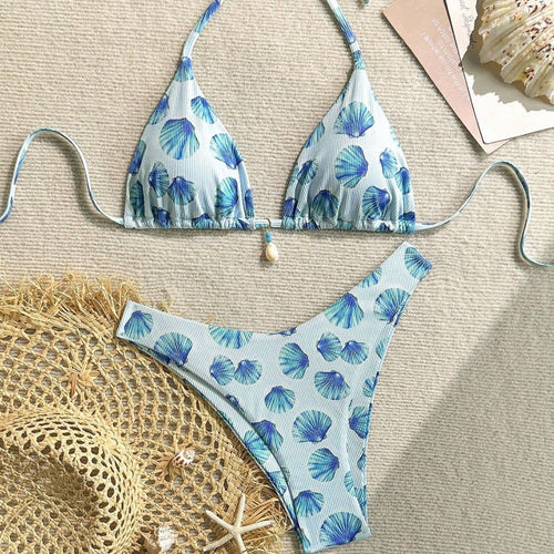 Damen Triangel-Bikini mit Muschel-Print und zarten Rüschendetails Drune