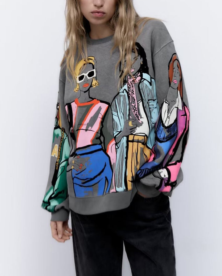 Damen Oversized Sweatshirt mit kreativem Druckdesign und stylischen Details Drune