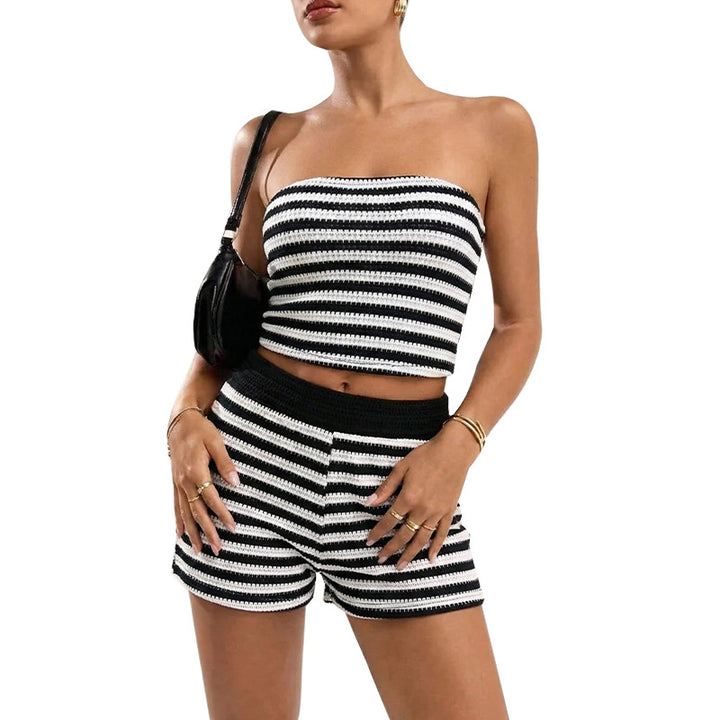 Damen Cropped Bikini-Set mit gestreiftem Design und hohem Bund Drune