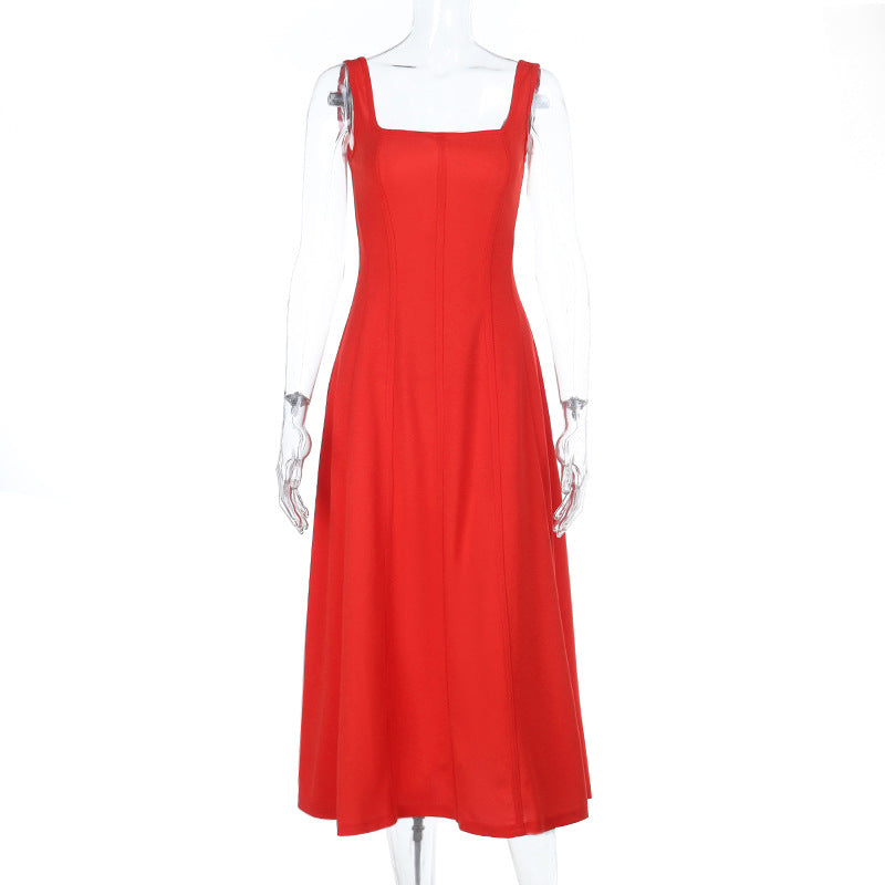 Damen A-Linien Kleid mit quadratischem Ausschnitt und schmalen Trägern Drune