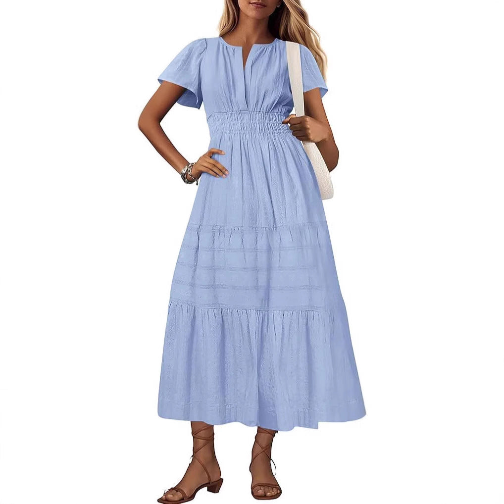 Damen langes Sommerkleid mit elastischem Taillenbund und raffiniertem Faltenwurf Drune
