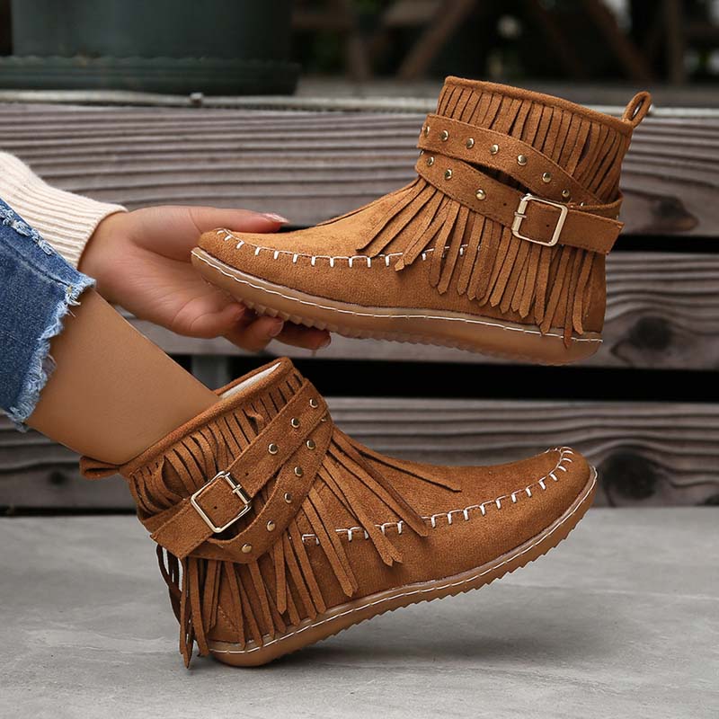 Drune | Boho Stiefelette Mit Fransen Und Schnallen Für Damen