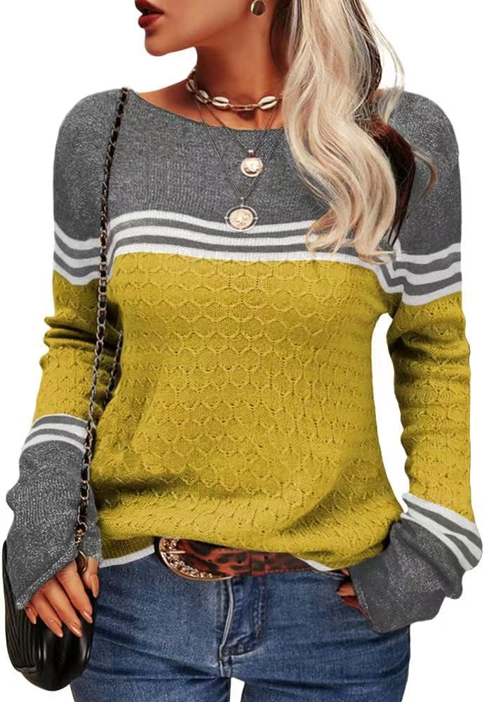 Damen lässiger Strickpullover mit kontrastierenden Farbblöcken und einzigartiger Textur Drune
