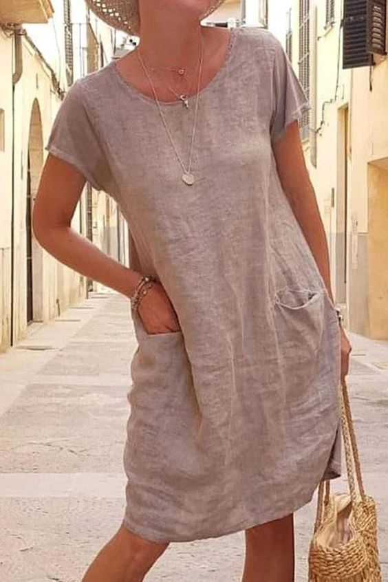 Damen lässiges Leinenkleid mit praktischen Taschen und lockerer Schnittführung Drune
