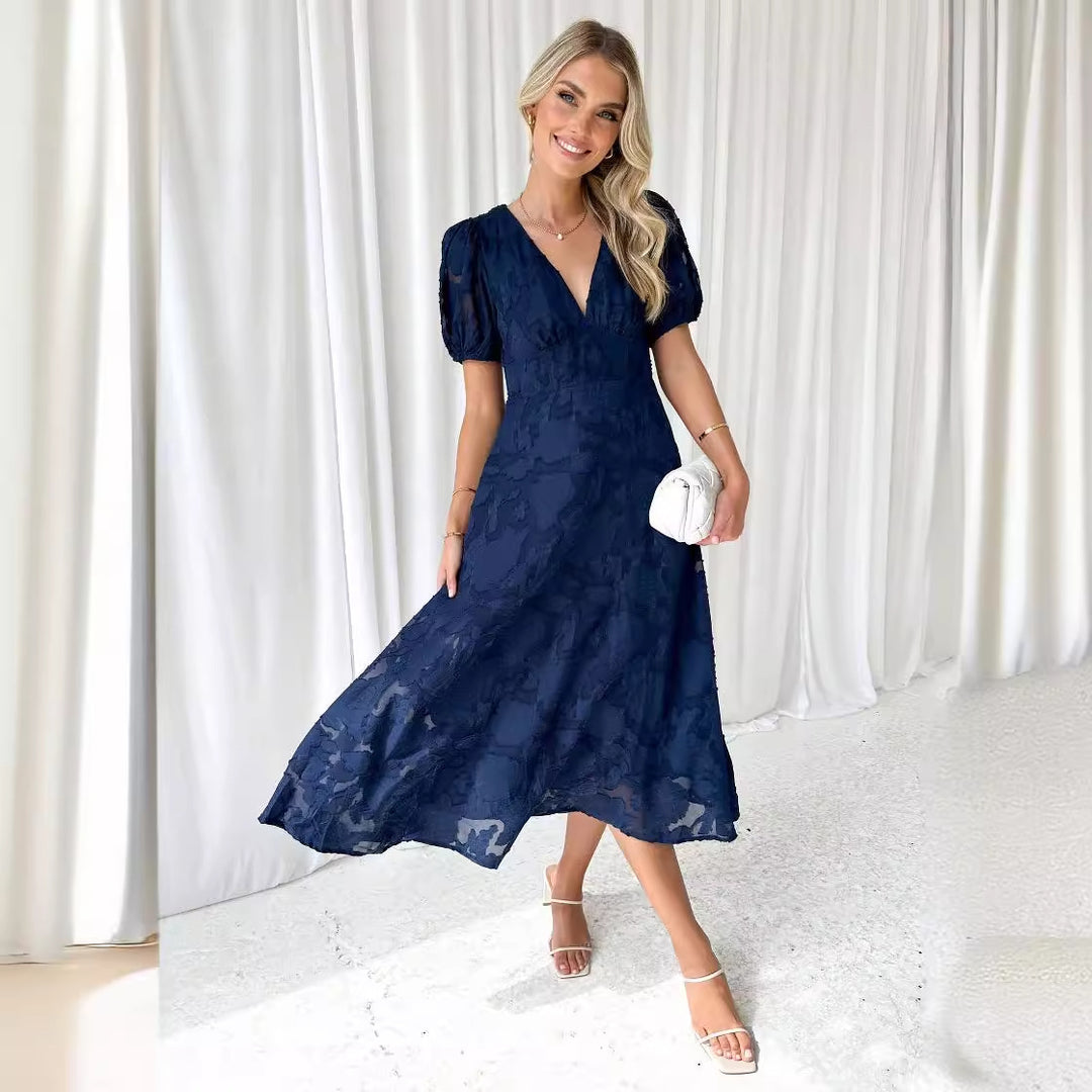 Damen Maxikleid mit floralen Akzenten und voluminösen Puffärmeln Drune