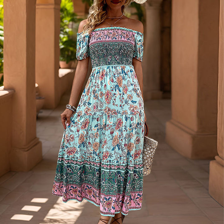 Damen Off-Shoulder Maxikleid mit floralen Mustern und elastischem Taillenzug Drune