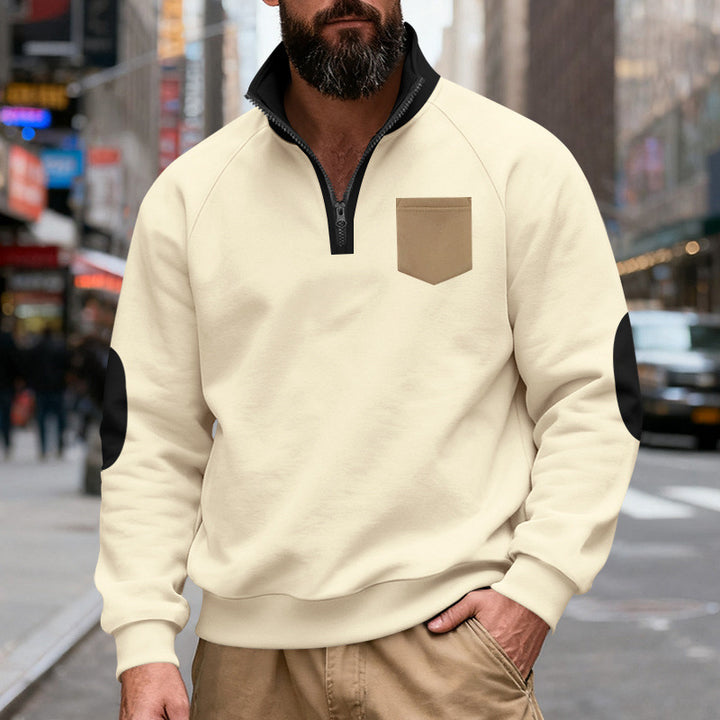 Herren nan Quarterzip-Sweatshirt mit Stehkragen, kontrastiertem Reißverschluss, Ellbogenpatches und Brusttasche Drune