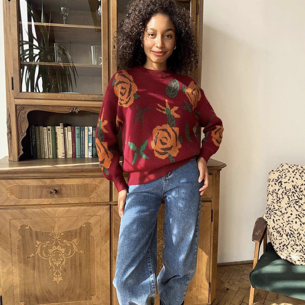Damen Strickpullover mit floralem Muster Drune